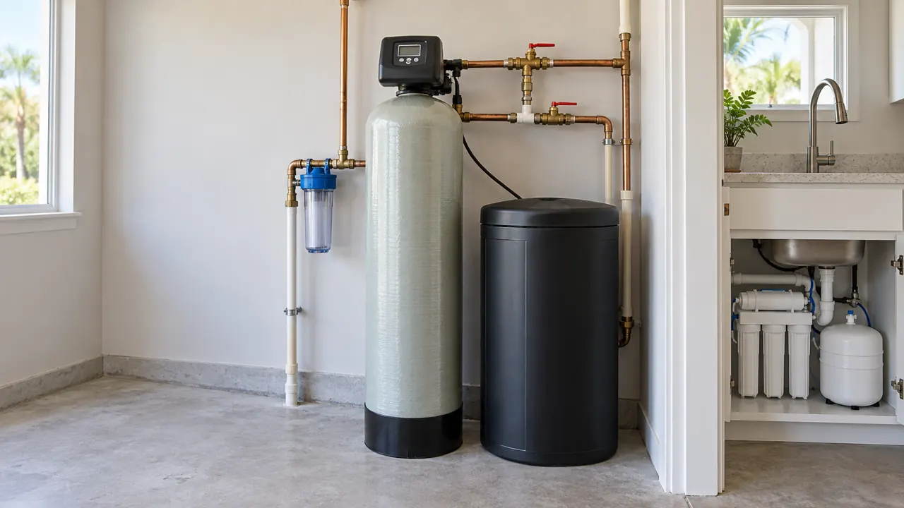 Illustration of home water-treatment tanks and plumbing